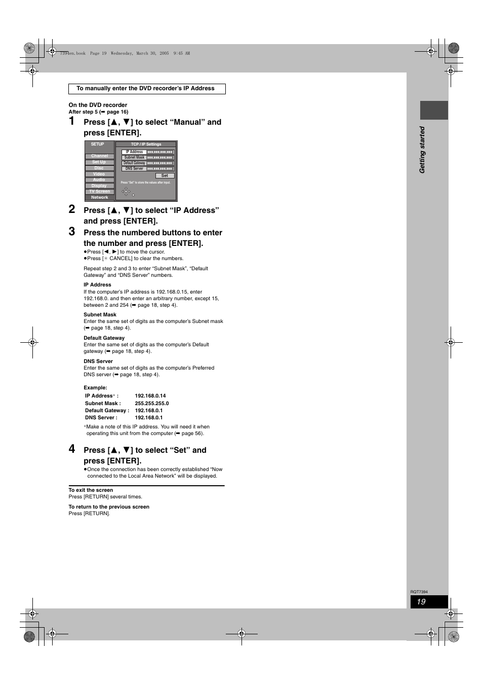 Press [ 3 , 4 ] to select “set” and press [enter | Panasonic DMR-E500H User Manual | Page 19 / 84