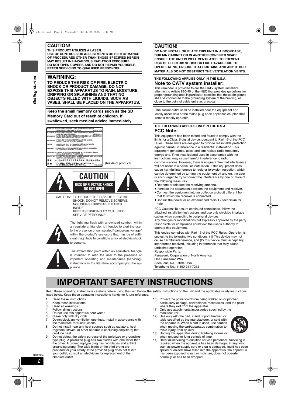 Getting started, Important safety instructions, Warning | Caution, Ge tt in g s ta rte d, Risk of electric shock do not open | Panasonic DMR-E500H User Manual | Page 2 / 84