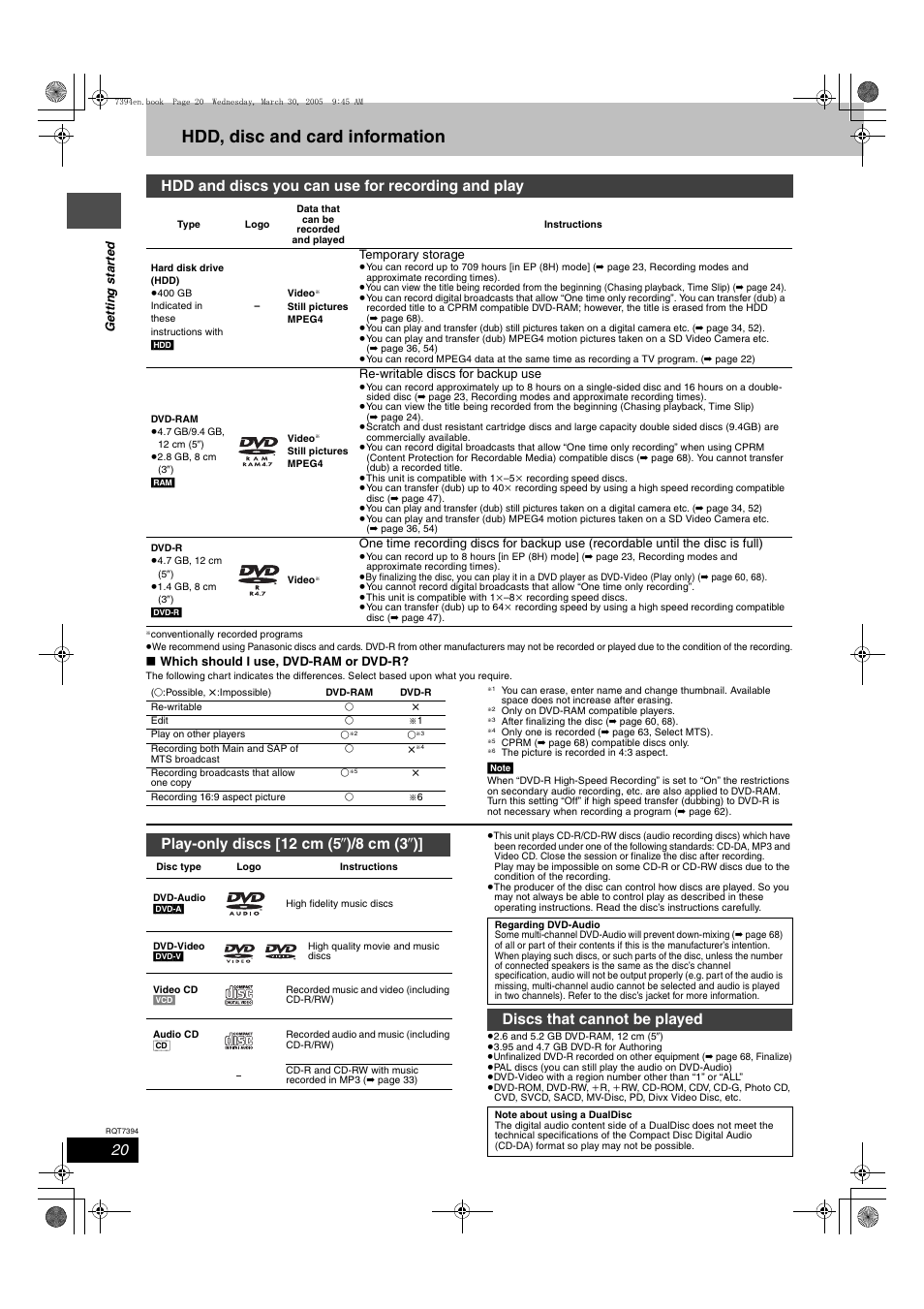 Hdd, disc and card information, Hdd and discs you can use for recording and play, Discs that cannot be played | Panasonic DMR-E500H User Manual | Page 20 / 84