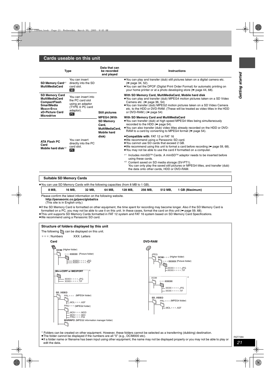 Cards useable on this unit, Ge tt in g s ta rte d | Panasonic DMR-E500H User Manual | Page 21 / 84