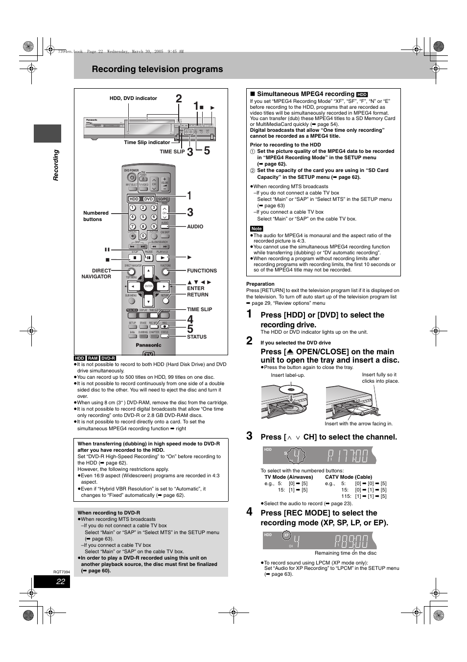 Recording, Recording televisison, Recording television programs | Press [hdd] or [dvd] to select the recording drive, Press [ w x ch] to select the channel | Panasonic DMR-E500H User Manual | Page 22 / 84