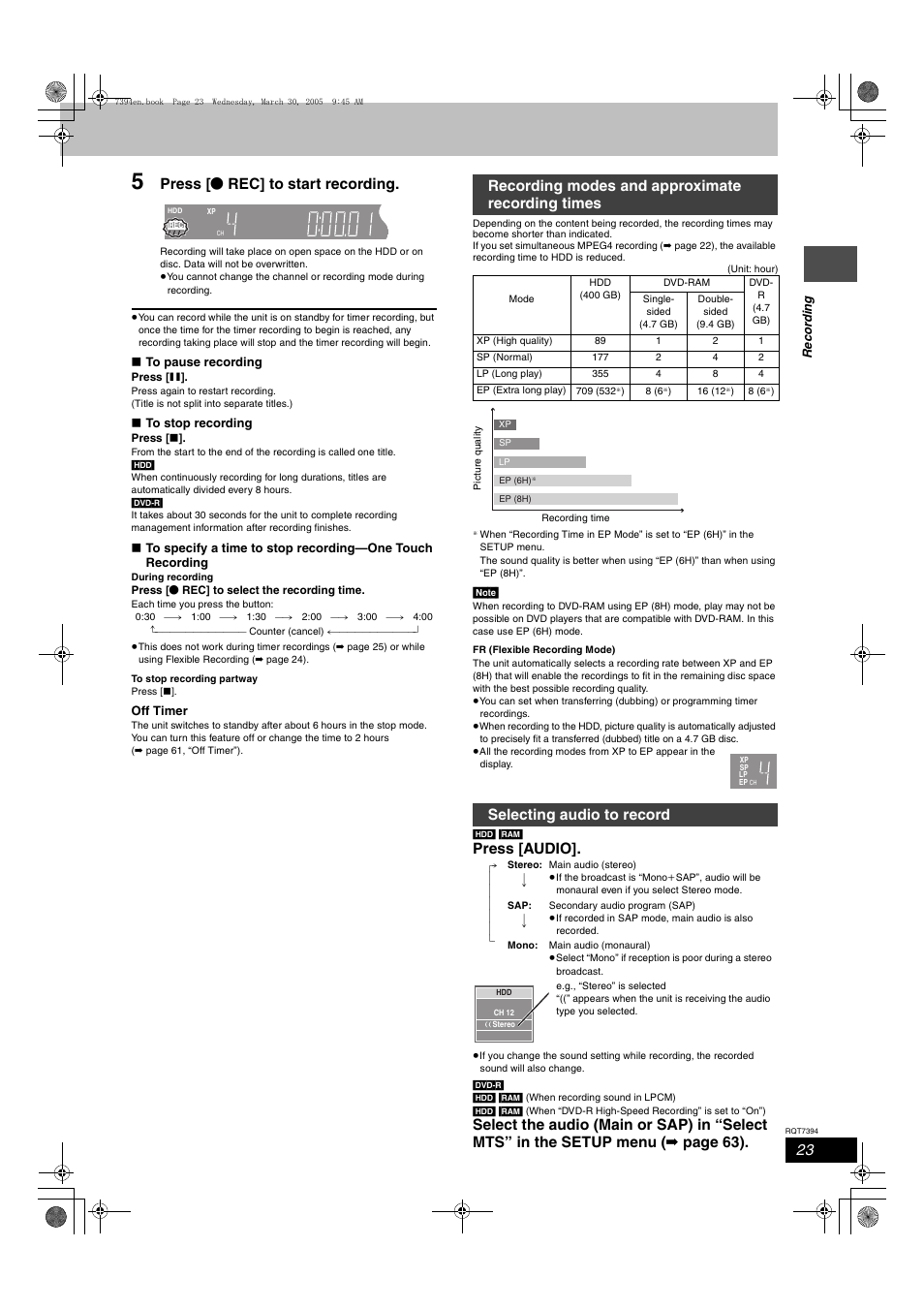 Recording modes and approximate recording times, Selecting audio to record, Press [ ¥ rec] to start recording | Press [audio | Panasonic DMR-E500H User Manual | Page 23 / 84