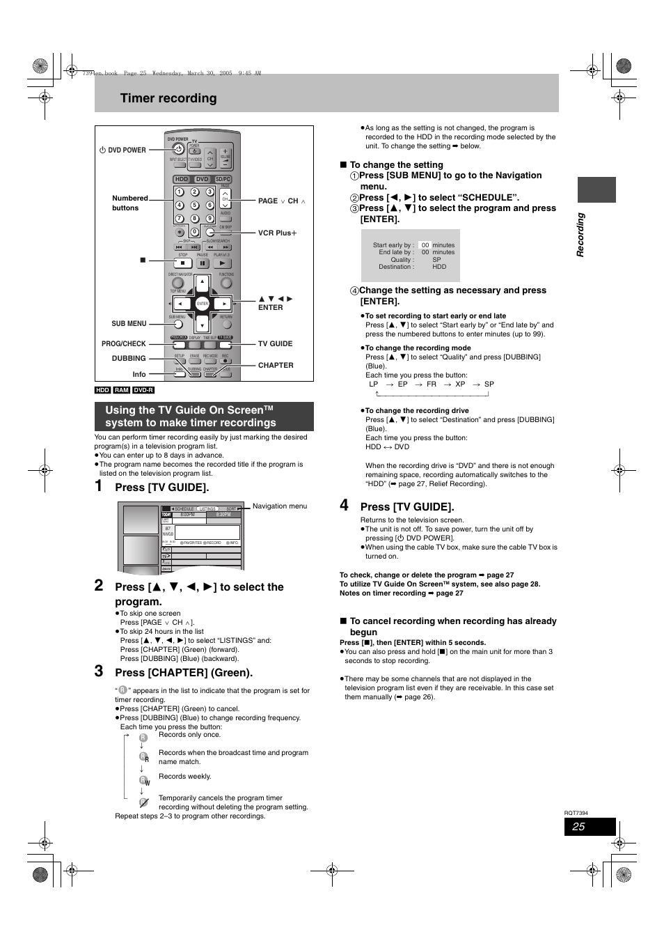 Timer recording, Press [tv guide, Press [ 3 , 4 , 2 , 1 ] to select the program | Press [chapter] (green), Using the tv guide on screen, System to make timer recordings | Panasonic DMR-E500H User Manual | Page 25 / 84