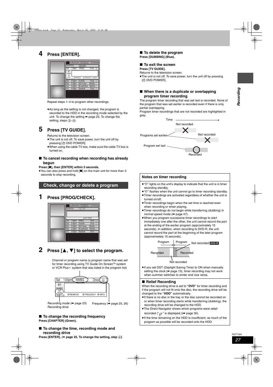 Check, change or delete a program, Press [enter, Press [tv guide | Press [prog/check, Press [ 3 , 4 ] to select the program | Panasonic DMR-E500H User Manual | Page 27 / 84