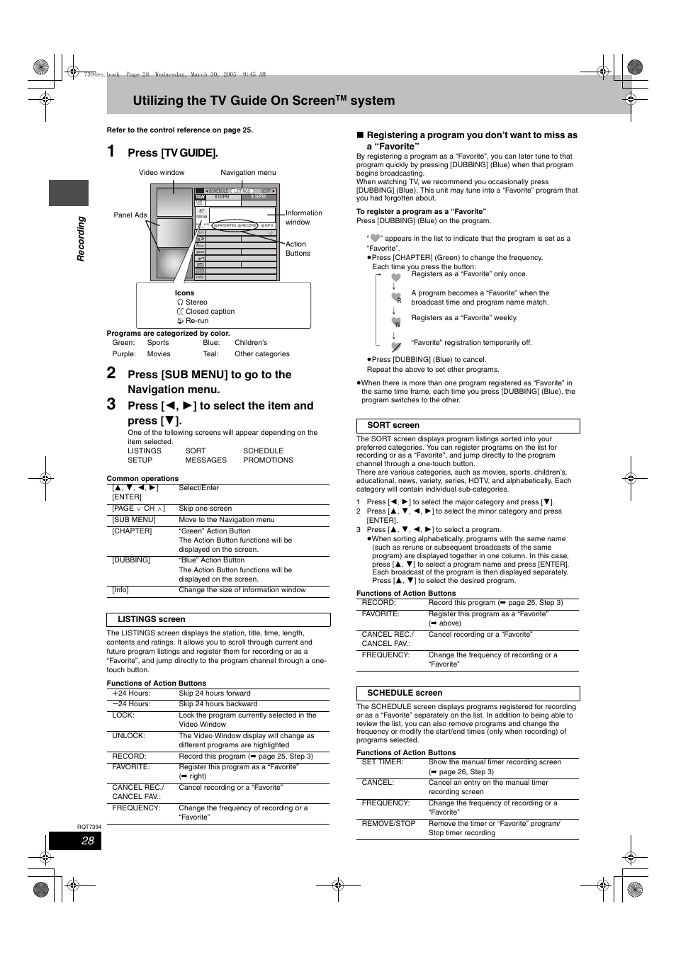 Utilizing the tv guide on screen system, Utilizing the tv guide on screen, System | Press [tv guide, Press [sub menu] to go to the navigation menu, Press [ 2 , 1 ] to select the item and press [ 4 | Panasonic DMR-E500H User Manual | Page 28 / 84