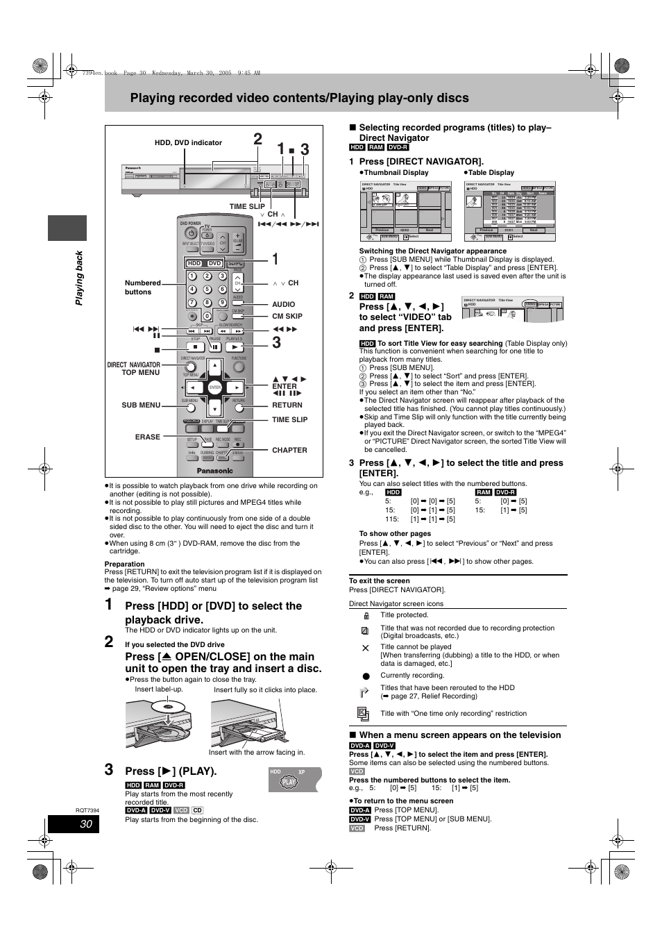 Playing back, Press [hdd] or [dvd] to select the playback drive, Press [ 1 ] (play) | Pla y ing ba c k, 1 press [direct navigator, When a menu screen appears on the television | Panasonic DMR-E500H User Manual | Page 30 / 84