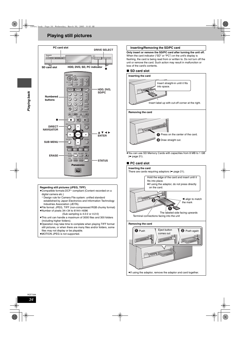 Playing still pictures, Hdd dvd, Pla y ing ba c k | Sd card slot, Pc card slot | Panasonic DMR-E500H User Manual | Page 34 / 84