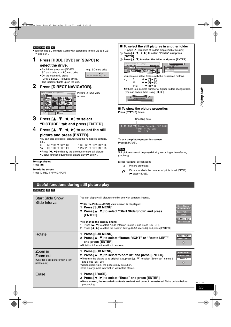 Useful functions during mpeg4 title play, Press [hdd], [dvd] or [sd/pc] to select the drive, Press [direct navigator | Rotate, Zoom in zoom out, Erase | Panasonic DMR-E500H User Manual | Page 35 / 84