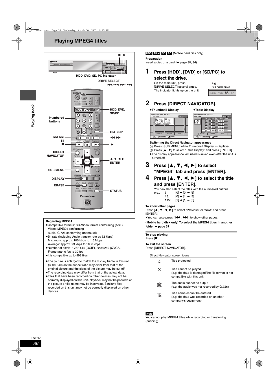 Playing mpeg4 titles, Press [hdd], [dvd] or [sd/pc] to select the drive, Press [direct navigator | Pla y ing ba c k | Panasonic DMR-E500H User Manual | Page 36 / 84