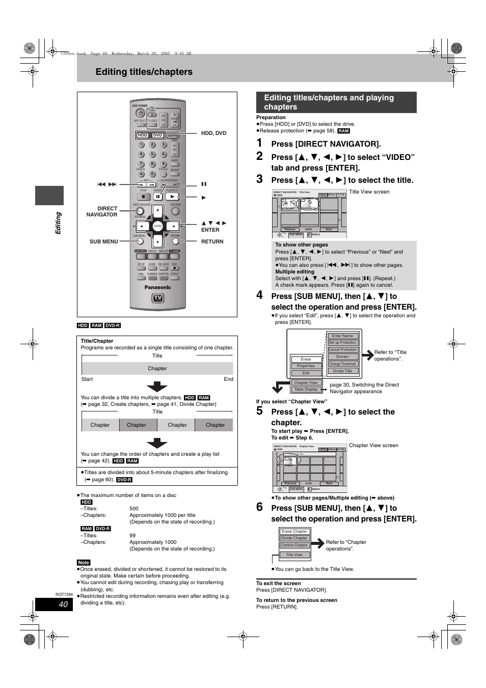 Editing, Editing titles / chapters, Editing titles / chapters and playing chapters | Editing titles/chapters, Press [direct navigator, Press [ 3 , 4 , 2 , 1 ] to select the title, Press [ 3 , 4 , 2 , 1 ] to select the chapter, Editing titles/chapters and playing chapters, Edit ing | Panasonic DMR-E500H User Manual | Page 40 / 84