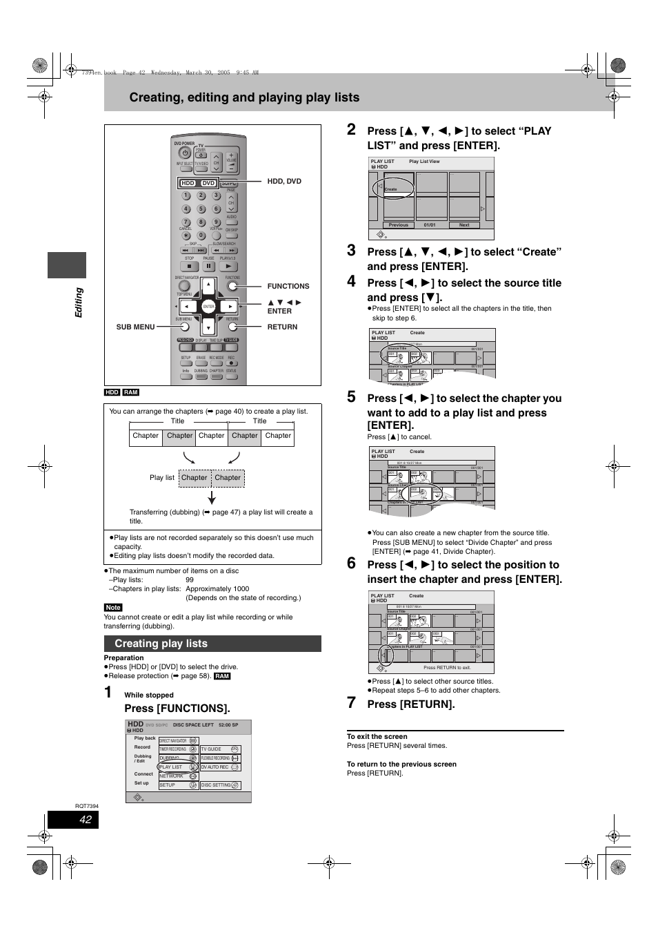 Creating, editing and playing play lists, Creating play lists, Press [functions | Press [return, Edit ing | Panasonic DMR-E500H User Manual | Page 42 / 84