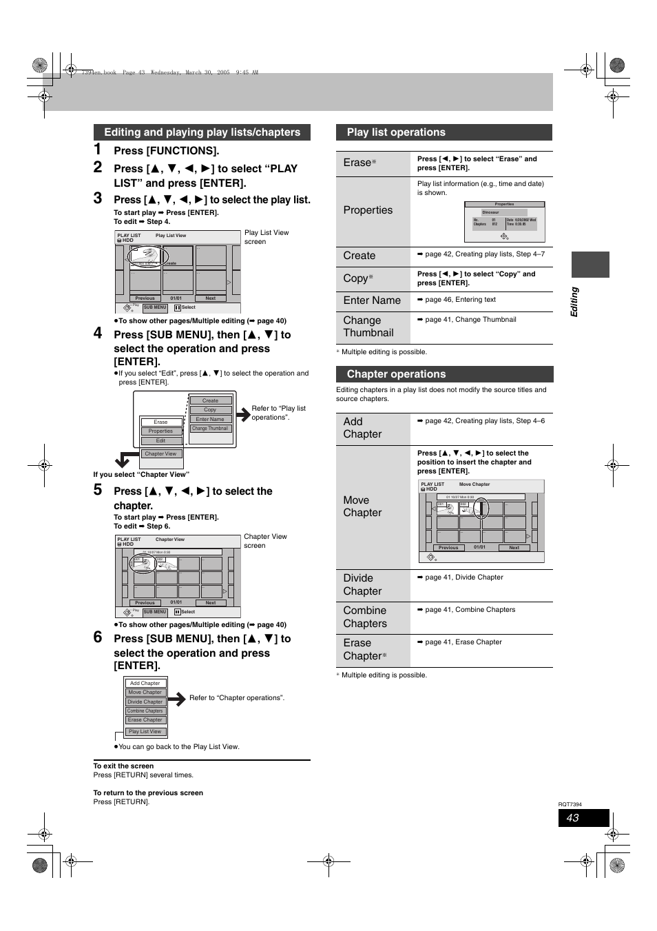 Editing and playing play lists / chapters, Play list operations, Chapter operations | Press [functions, Press [ 3 , 4 , 2 , 1 ] to select the play list, Press [ 3 , 4 , 2 , 1 ] to select the chapter, Editing and playing play lists/chapters, Play list operations erase, Properties, Create | Panasonic DMR-E500H User Manual | Page 43 / 84