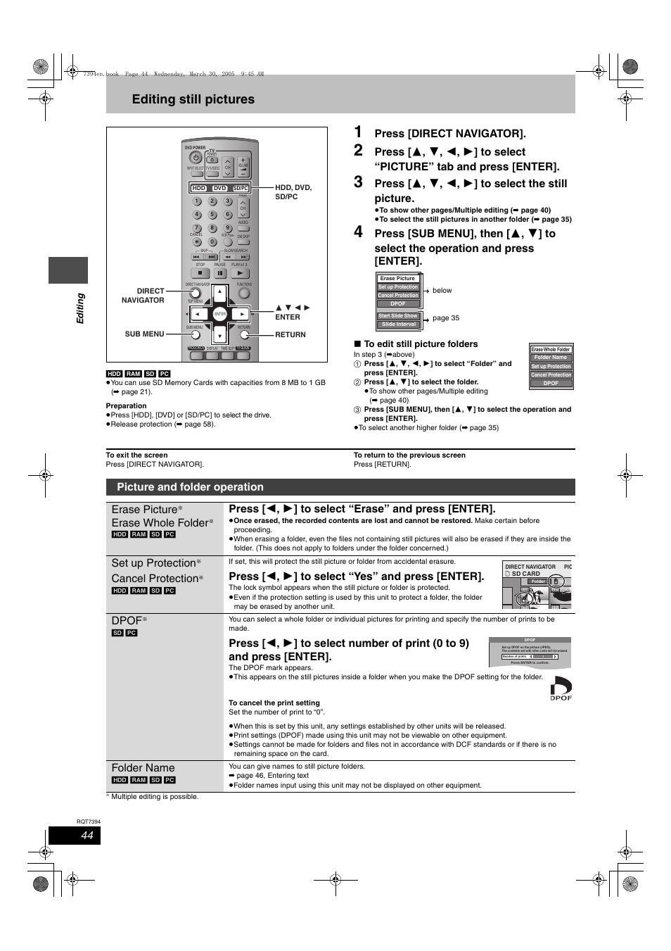 Editing still pictures, Picture and folder operation, Press [direct navigator | Picture and folder operation erase picture, Erase whole folder, Press [ 2 , 1 ] to select “erase” and press [enter, Set up protection, Cancel protection, Press [ 2 , 1 ] to select “yes” and press [enter, Dpof | Panasonic DMR-E500H User Manual | Page 44 / 84