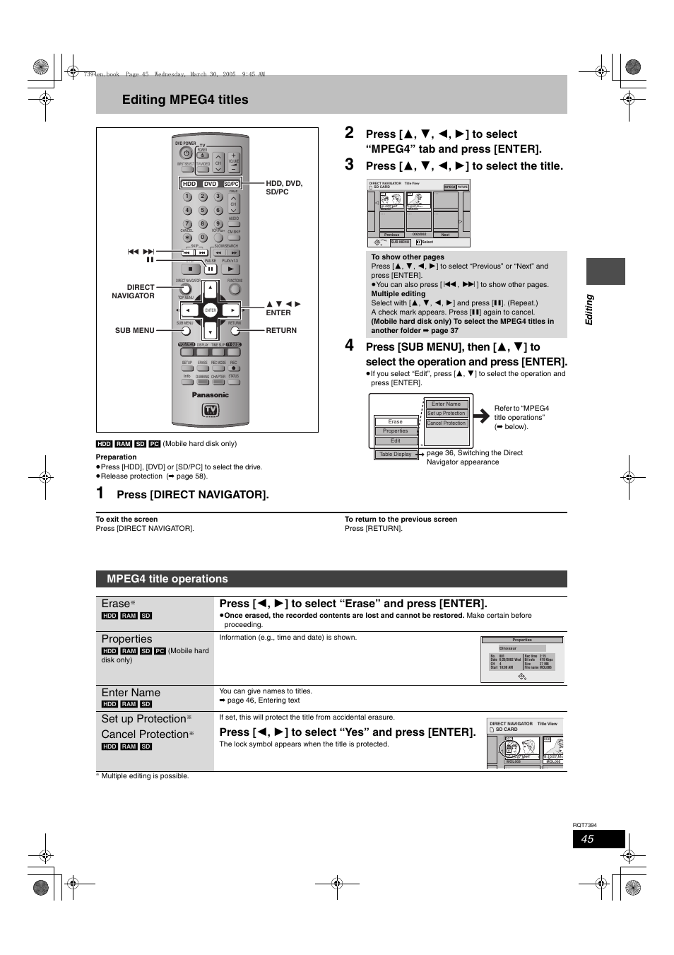Editing mpeg4 titles, Mpeg4 title operations, Press [direct navigator | Press [ 3 , 4 , 2 , 1 ] to select the title, Mpeg4 title operations erase, Press [ 2 , 1 ] to select “erase” and press [enter, Properties, Enter name, Set up protection, Cancel protection | Panasonic DMR-E500H User Manual | Page 45 / 84