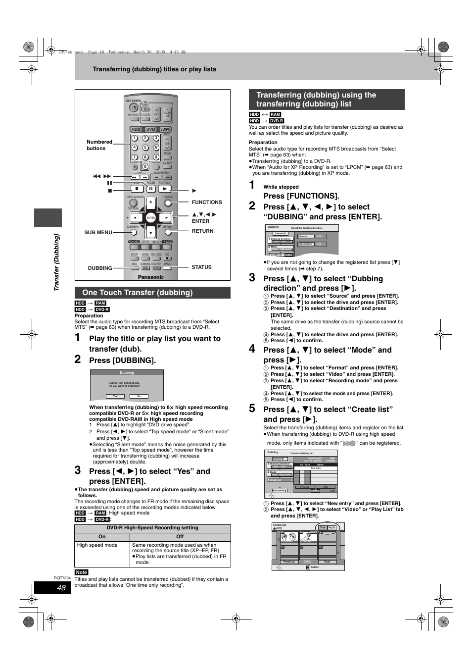 One touch transfer (dubbing), Press [dubbing, Press [ 2 , 1 ] to select “yes” and press [enter | Press [functions, Press [ 3 , 4 ] to select “mode” and press [ 1 | Panasonic DMR-E500H User Manual | Page 48 / 84