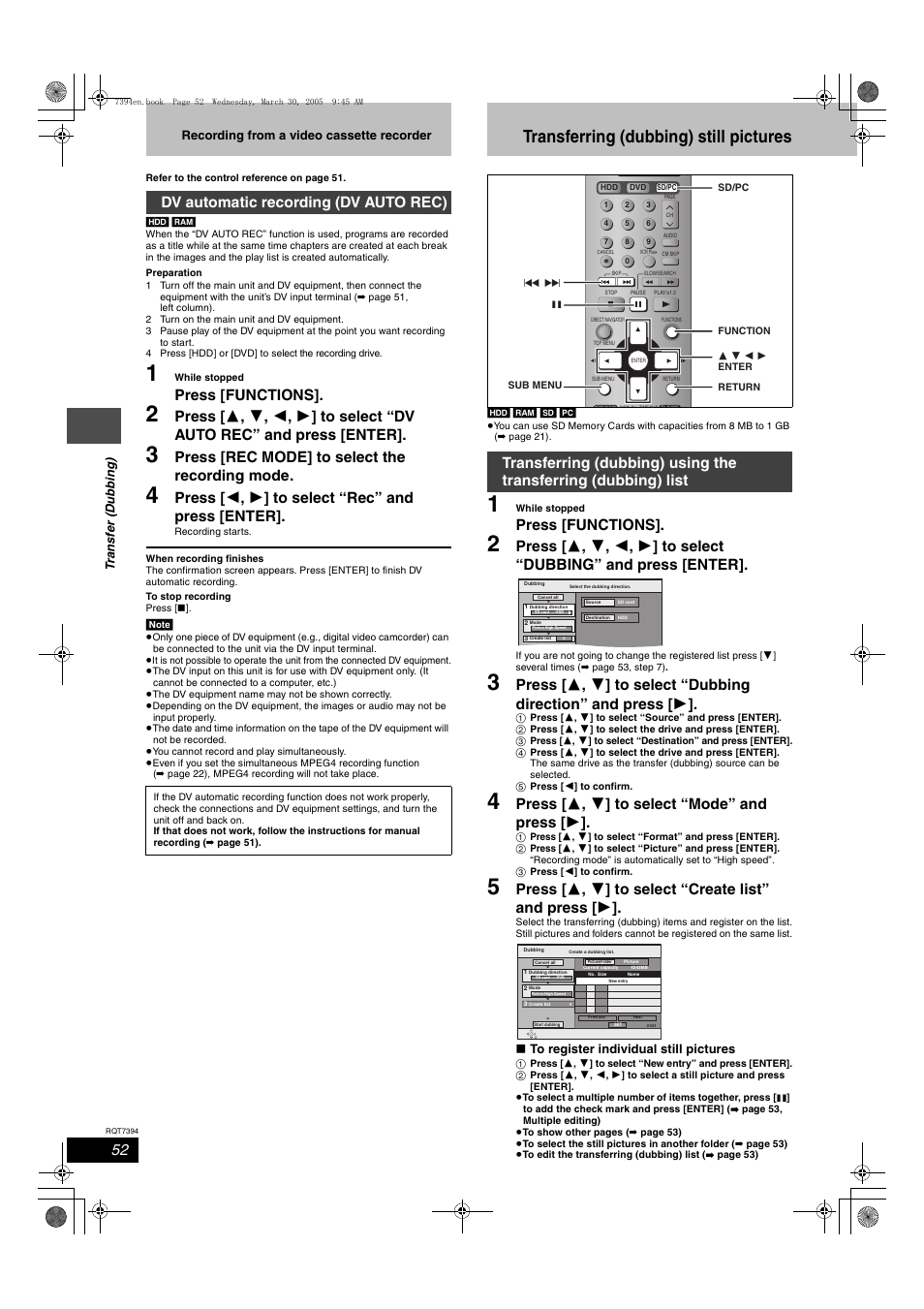 Transferring (dubbing) still pictures, Press [functions, Press [rec mode] to select the recording mode | Press [ 2 , 1 ] to select “rec” and press [enter, Dv automatic recording (dv auto rec), Press [ 3 , 4 ] to select “mode” and press [ 1 | Panasonic DMR-E500H User Manual | Page 52 / 84