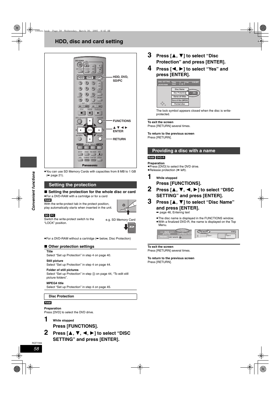 Convenient functions, Hdd, disc and card setting, Setting the protection | Providing a disc with a name, Press [functions, Press [ 2 , 1 ] to select “yes” and press [enter, Lock | Panasonic DMR-E500H User Manual | Page 58 / 84