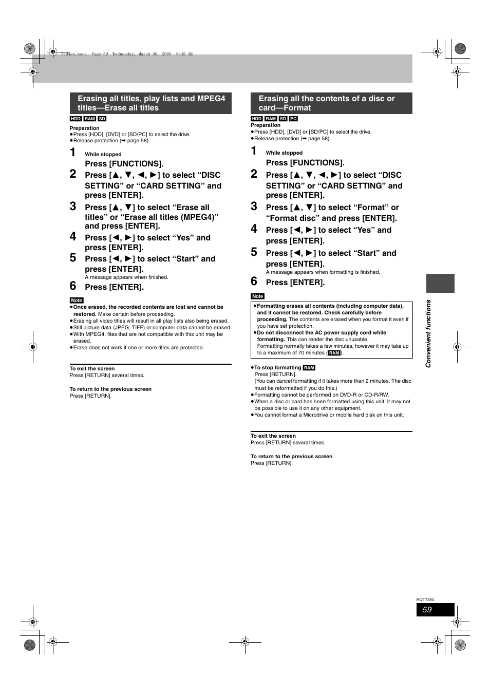 Erasing all the contents of a disc or card -format | Panasonic DMR-E500H User Manual | Page 59 / 84