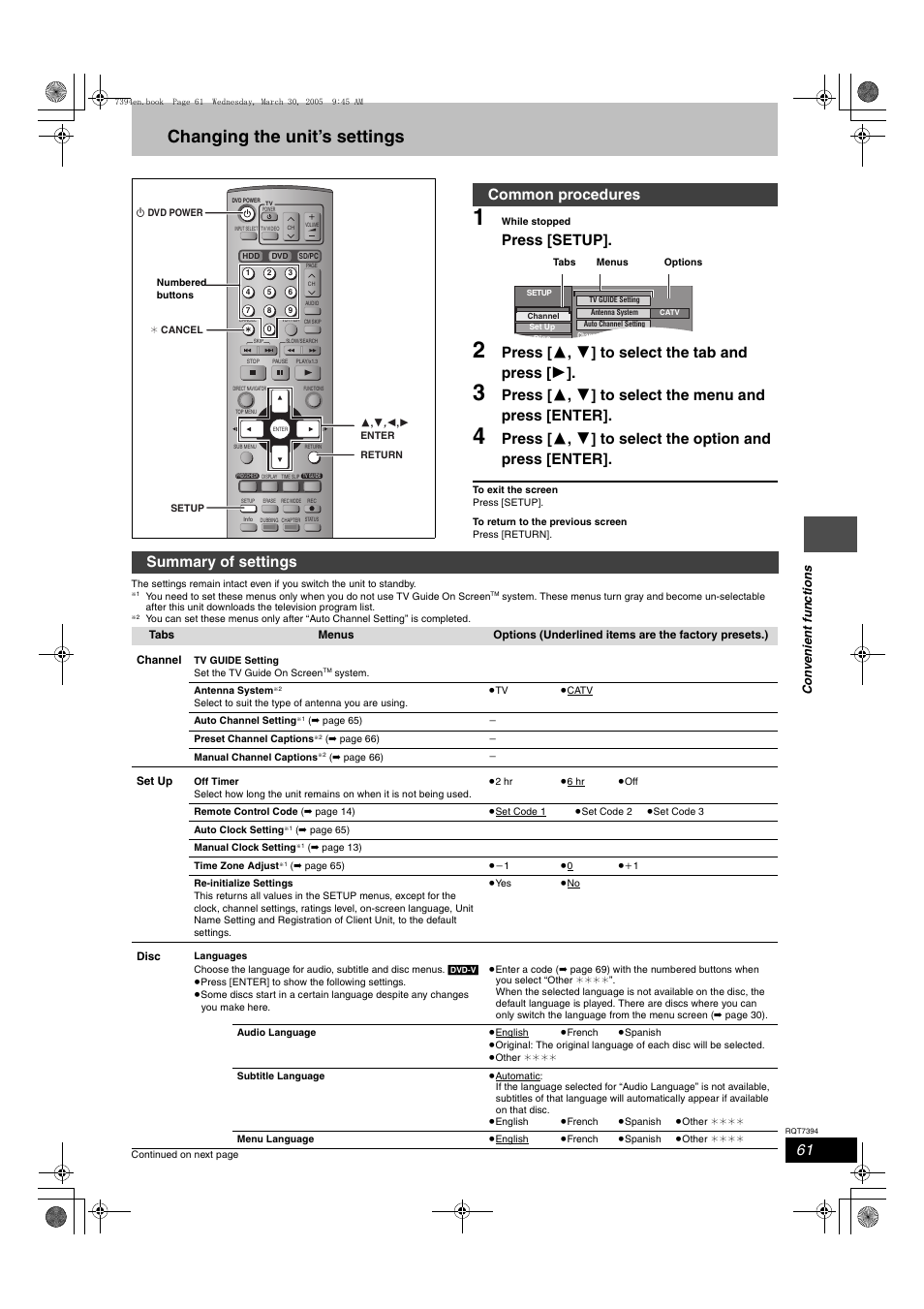 Changing the unit's settings, Common procedures, Summary of settings | Changing the unit’s settings, Press [setup, Press [ 3 , 4 ] to select the tab and press [ 1 | Panasonic DMR-E500H User Manual | Page 61 / 84