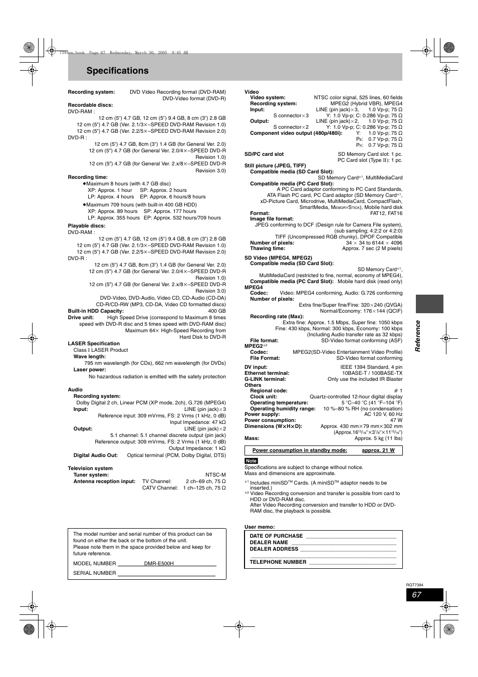 Reference, Specifications | Panasonic DMR-E500H User Manual | Page 67 / 84