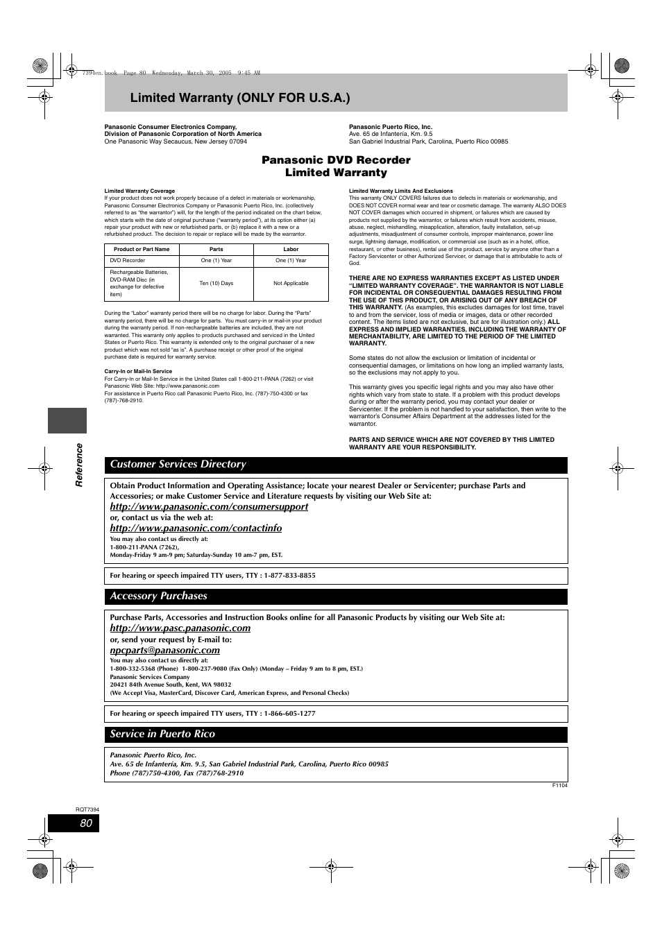 Limited warranty (only for u.s.a.), Panasonic dvd recorder limited warranty, Customer services directory | Accessory purchases, Service in puerto rico | Panasonic DMR-E500H User Manual | Page 80 / 84