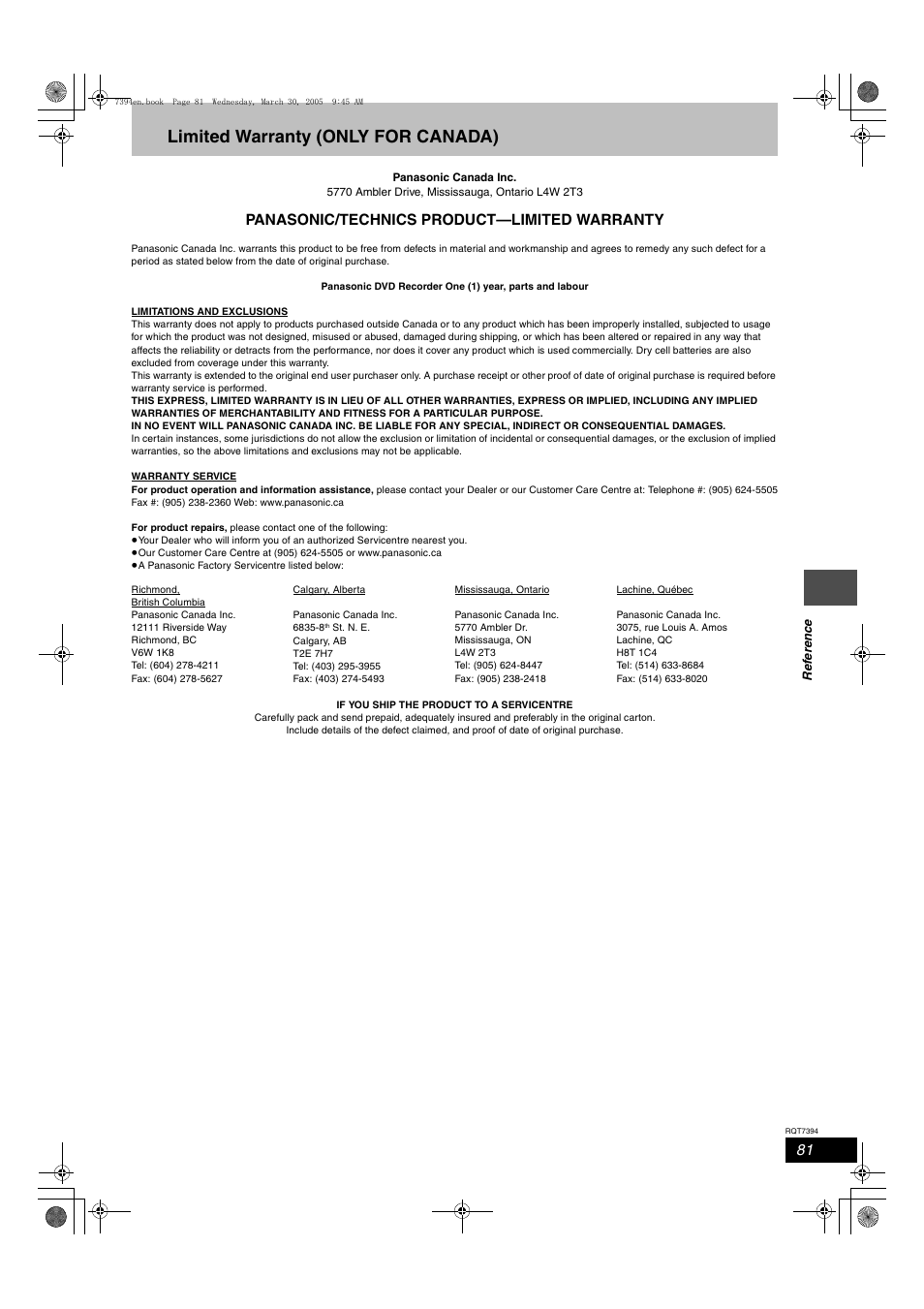 Limited warranty (only for canada), Panasonic/technics product—limited warranty | Panasonic DMR-E500H User Manual | Page 81 / 84