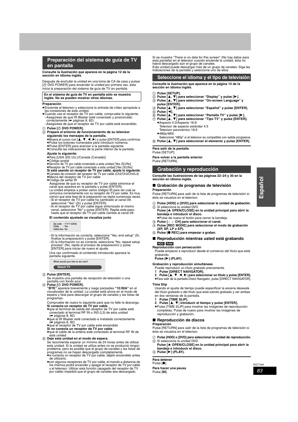 Español, Preparación del sistema de guía de tv en pantalla | Panasonic DMR-E500H User Manual | Page 83 / 84