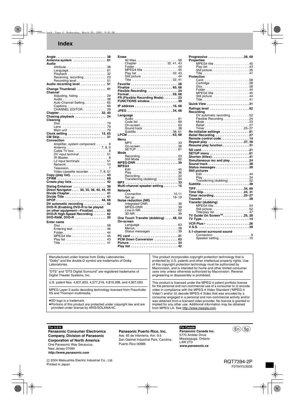 Index | Panasonic DMR-E500H User Manual | Page 84 / 84