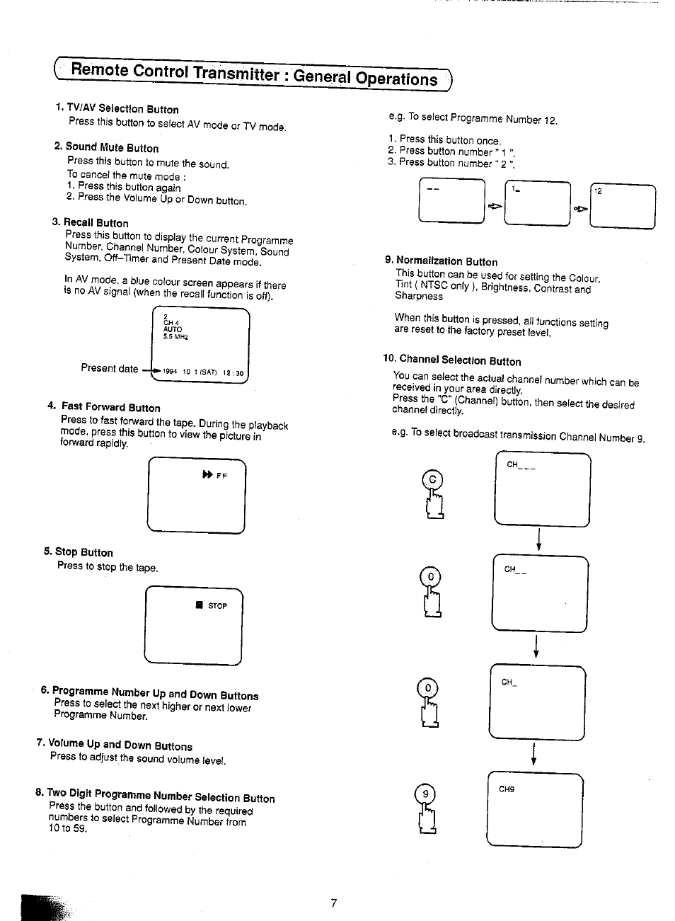 Tv/av selection button, Sound mute button, Recall button | Fast forward button, Stop button, Programme number up and down buttons, Volume up and down buttons, Two digit programme number selection button, Normalization button, Channel selection button | Panasonic TC-21SV10M EN User Manual | Page 10 / 31