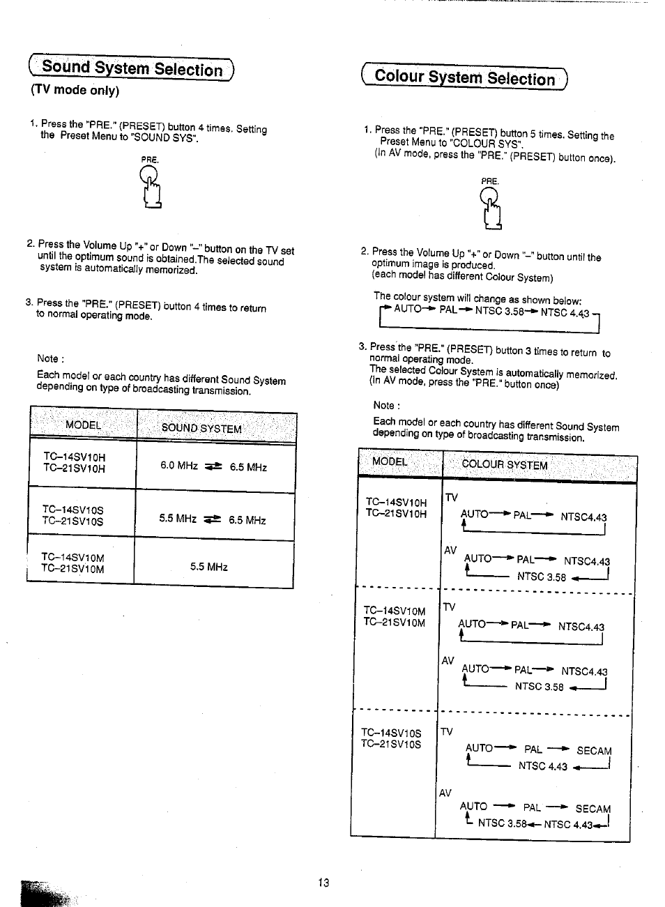 Tv mode only), Sourid system selection ), Colour system selection ) | Panasonic TC-21SV10M  EN User Manual | Page 16 / 31