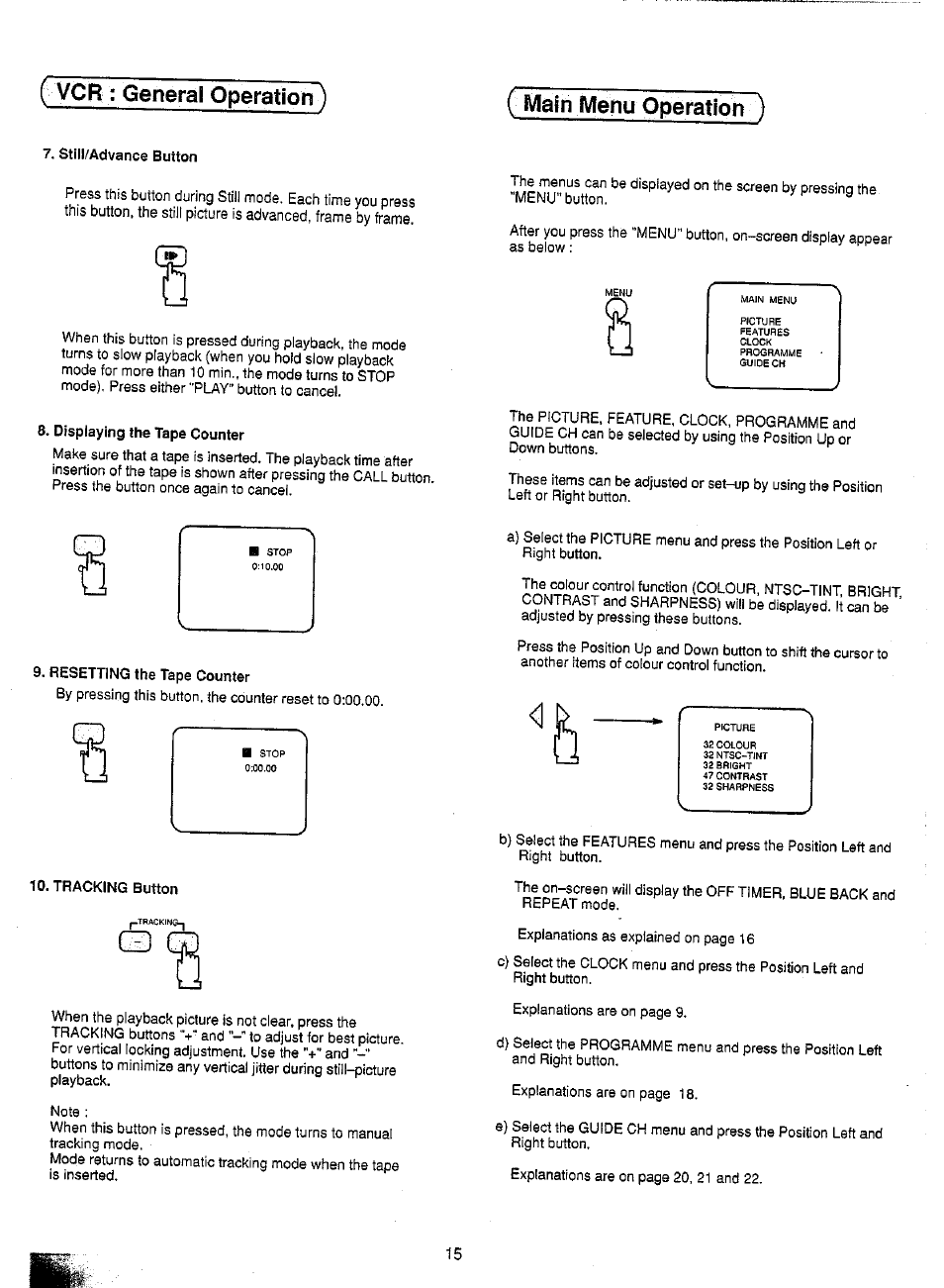Still/advance button, Displaying the tape counter, Resetting the tape counter | Tracking button, Vcr : general operation) ( main menu operation ) | Panasonic TC-21SV10M  EN User Manual | Page 18 / 31