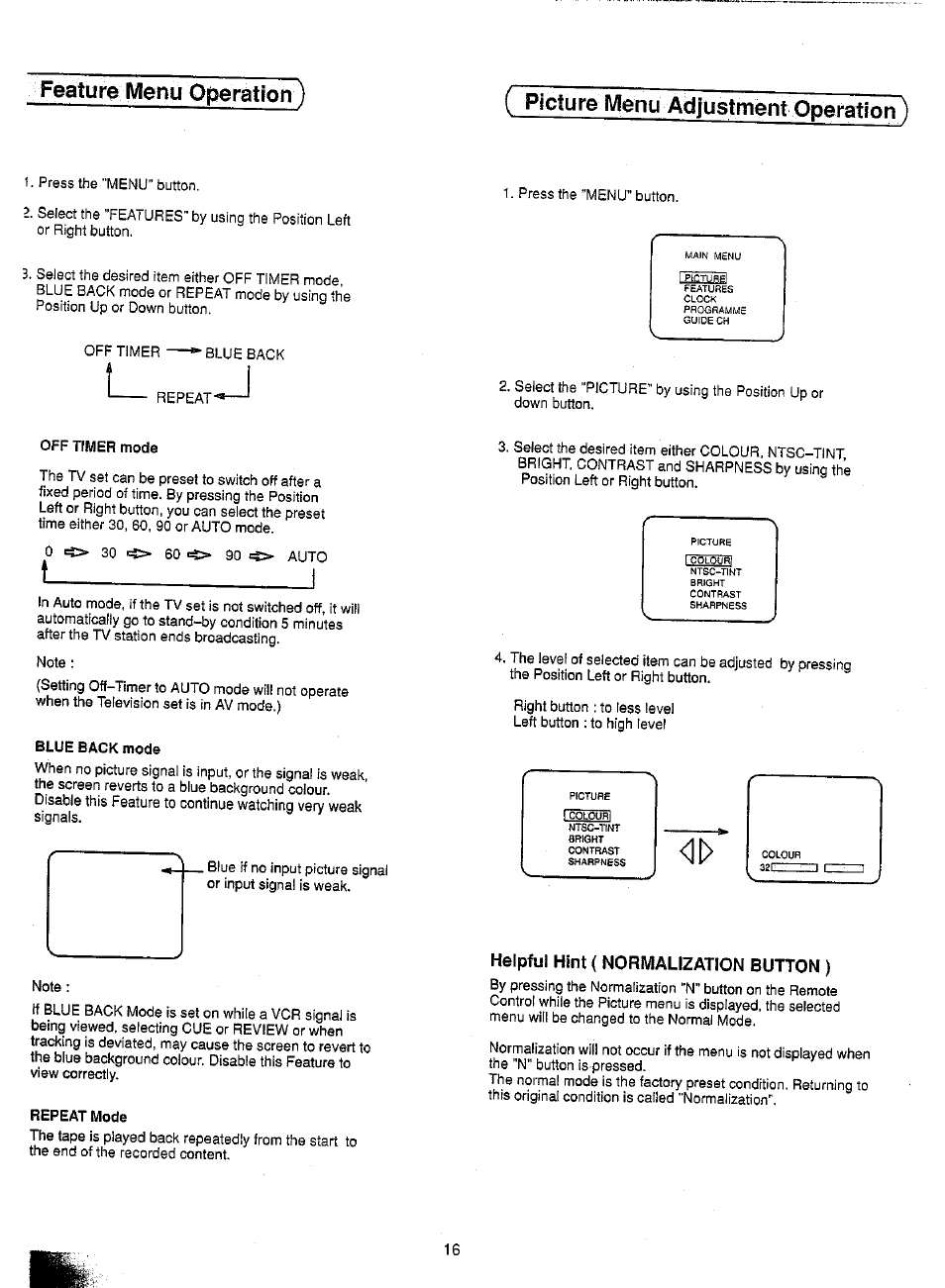 Off timer mode, Blue back mode, Repeat mode | Helpful hint ( normalization button ), Feature menu operation), Picture menu adjustmentoperation) | Panasonic TC-21SV10M  EN User Manual | Page 19 / 31