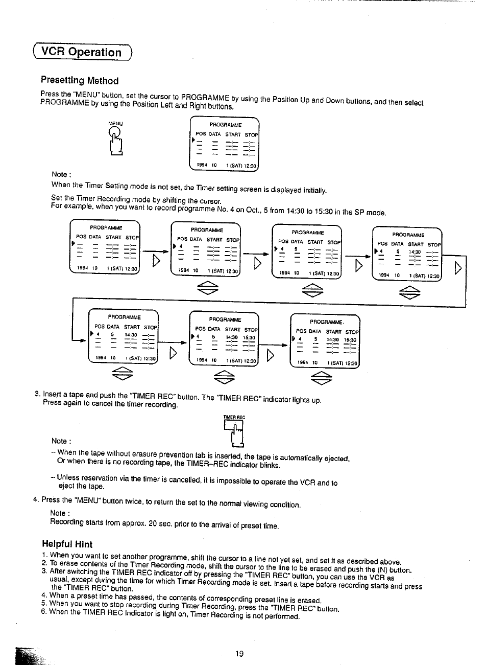 Presetting method, Helpful hint, Vcr operation ) | Panasonic TC-21SV10M  EN User Manual | Page 22 / 31