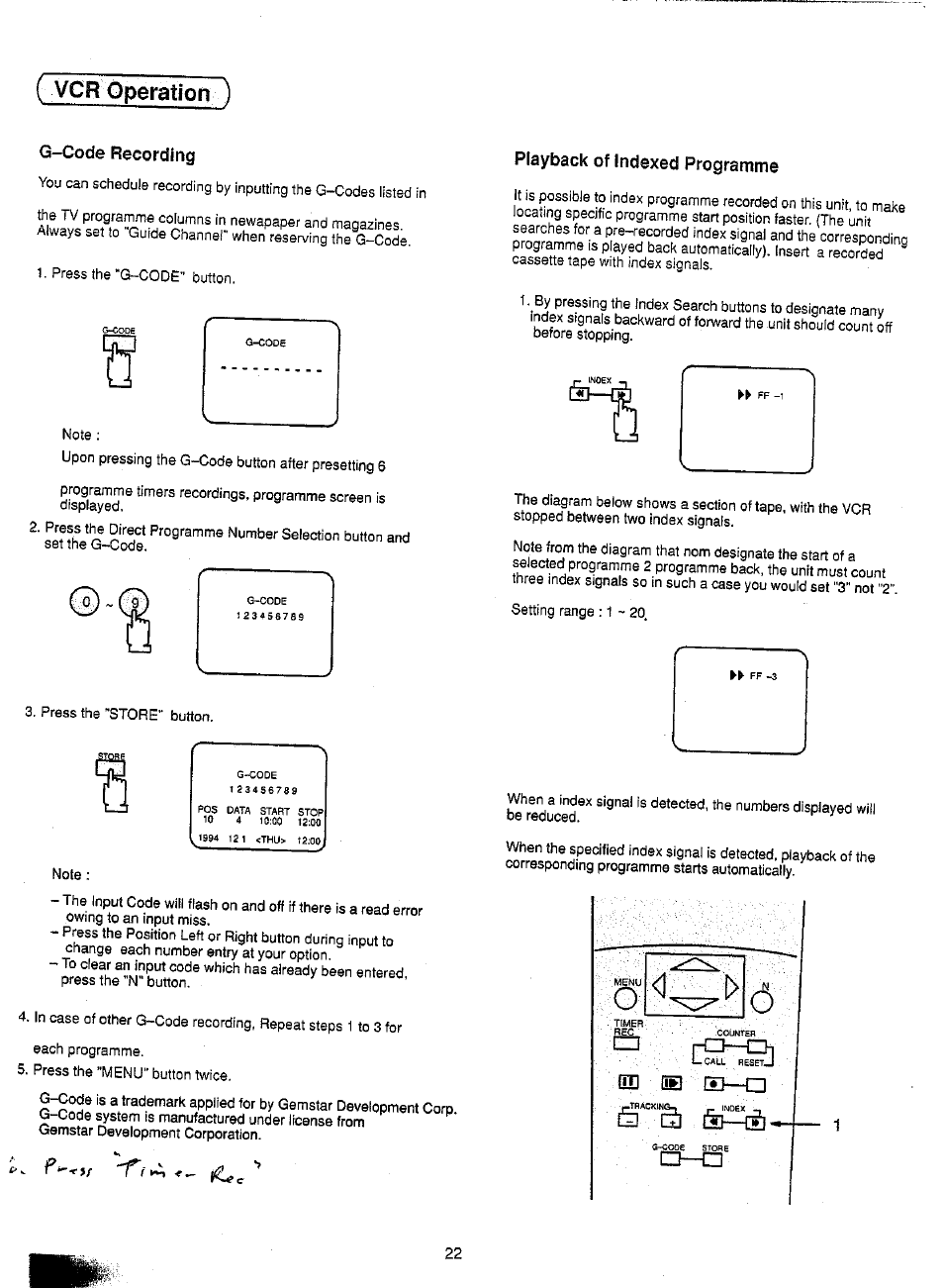 G-code recording, Playback of indexed programme, G-code programming 0 - 2 1 | Vcr operation ) | Panasonic TC-21SV10M  EN User Manual | Page 25 / 31
