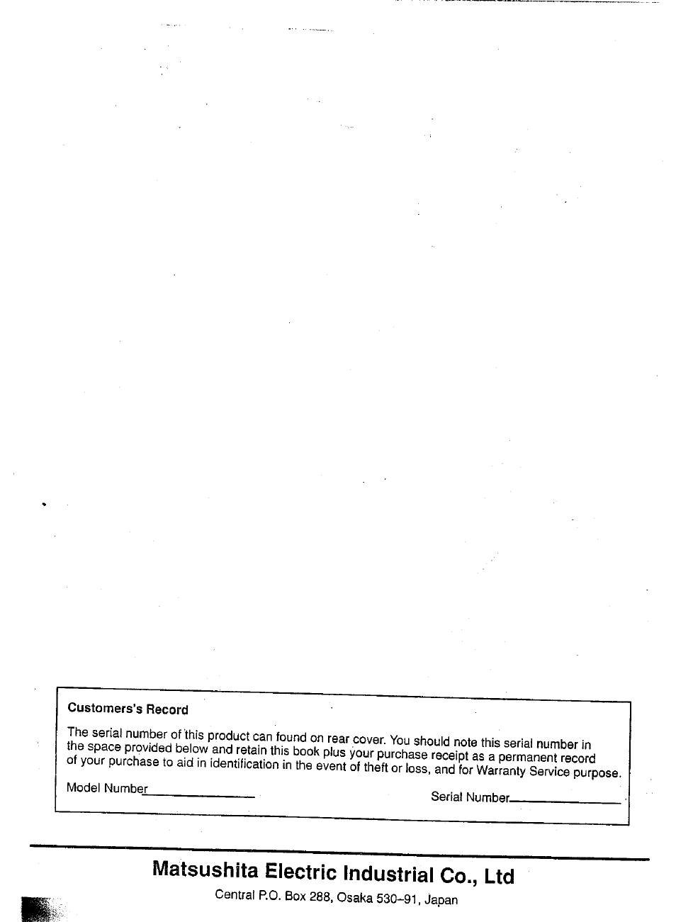 Customers’s record, Matsushita electric industrial co., ltd | Panasonic TC-21SV10M  EN User Manual | Page 31 / 31