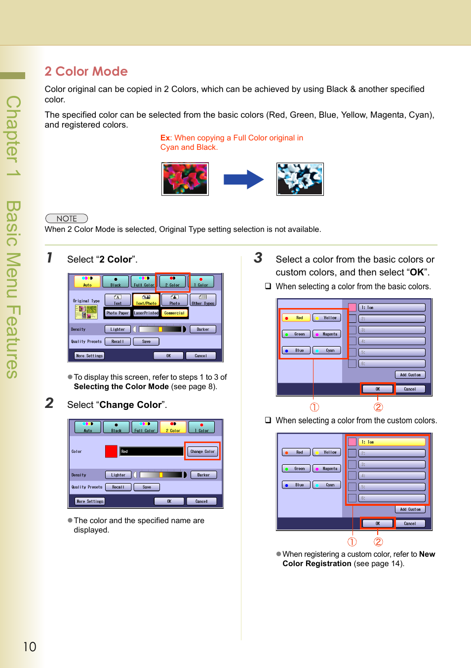 2 color mode, Chapter 1 basic menu features | Panasonic DP-C263  EN User Manual | Page 10 / 98