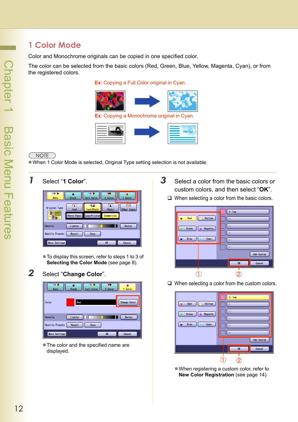 1 color mode, Chapter 1 basic menu features | Panasonic DP-C263  EN User Manual | Page 12 / 98