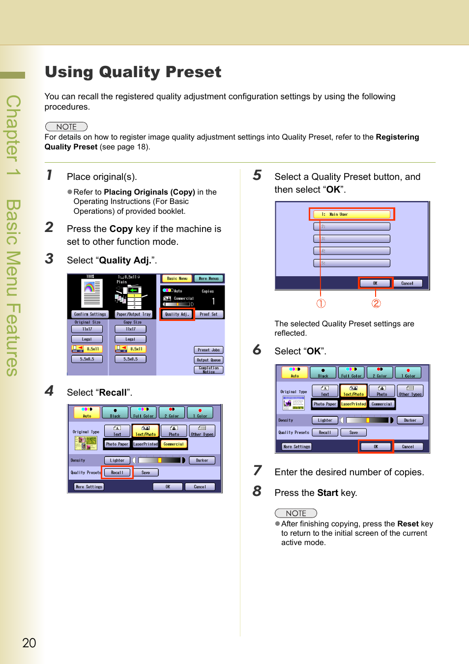 Using quality preset, Chapter 1 basic menu features | Panasonic DP-C263  EN User Manual | Page 20 / 98