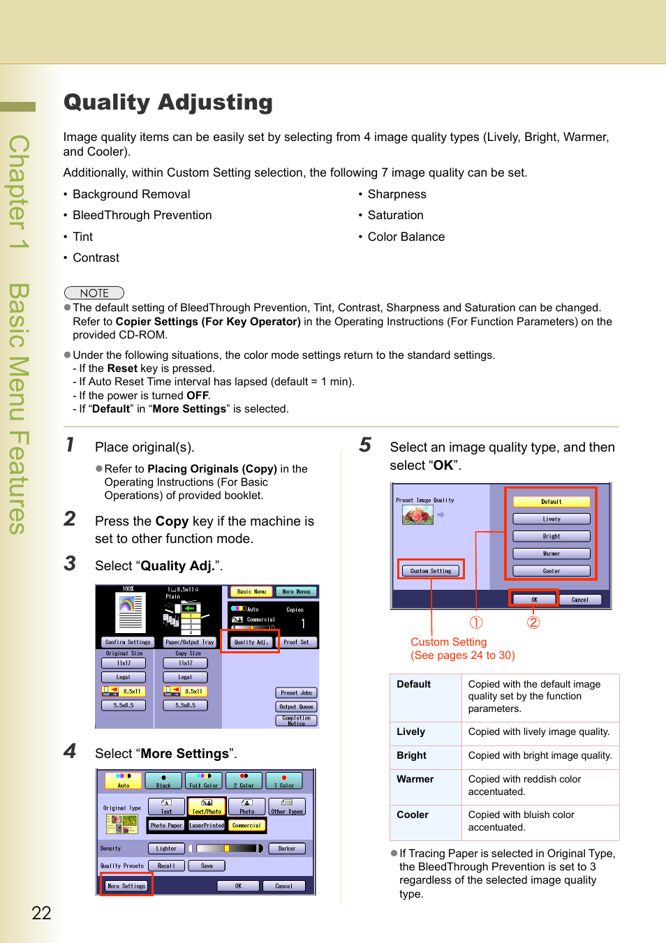 Quality adjusting, Chapter 1 basic menu features | Panasonic DP-C263  EN User Manual | Page 22 / 98