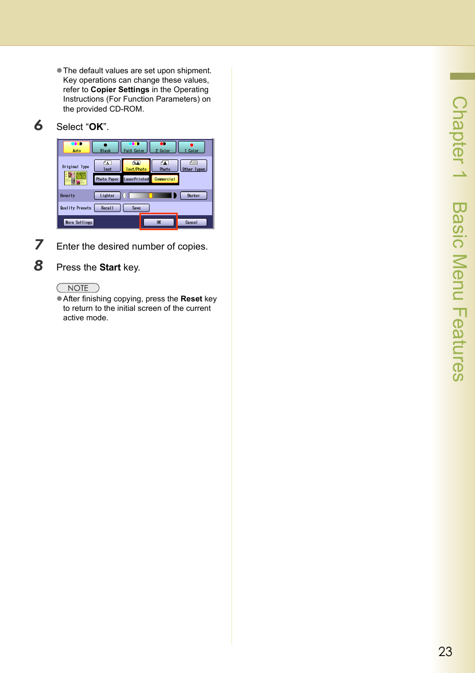 Chapter 1 basic menu features | Panasonic DP-C263  EN User Manual | Page 23 / 98