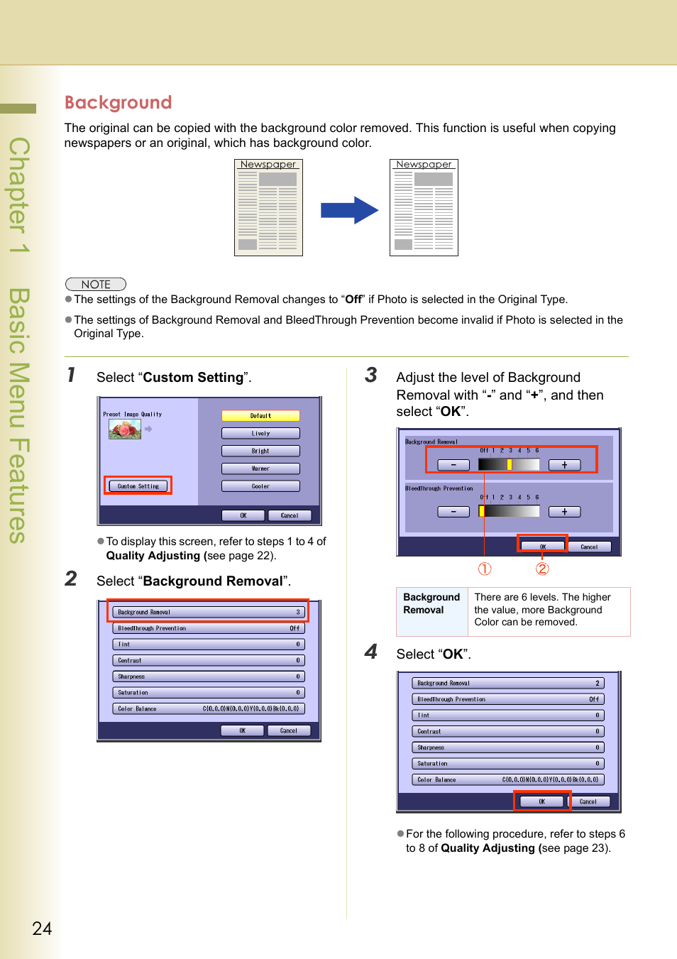 Background, Chapter 1 basic menu features | Panasonic DP-C263  EN User Manual | Page 24 / 98