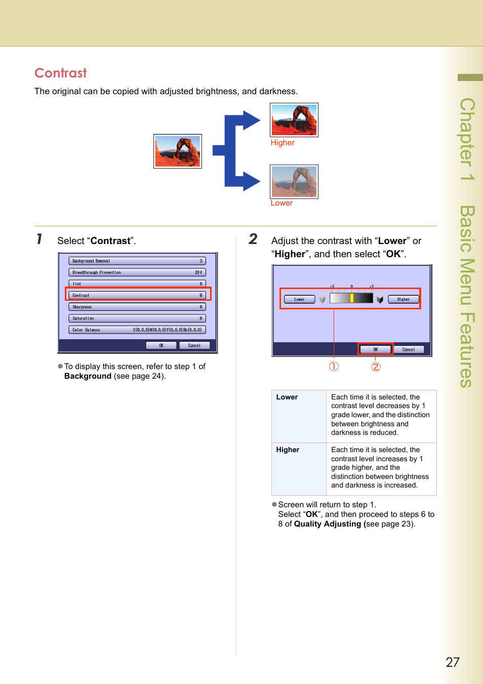 Contrast, Chapter 1 basic menu features | Panasonic DP-C263  EN User Manual | Page 27 / 98