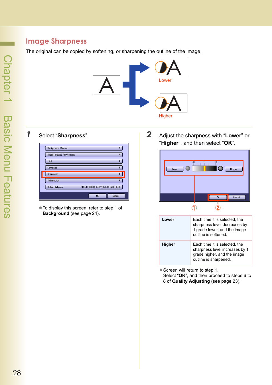 Image sharpness, Chapter 1 basic menu features | Panasonic DP-C263  EN User Manual | Page 28 / 98