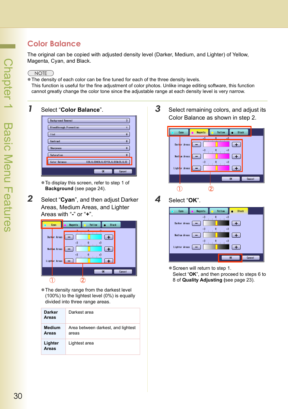 Color balance, Chapter 1 basic menu features | Panasonic DP-C263  EN User Manual | Page 30 / 98