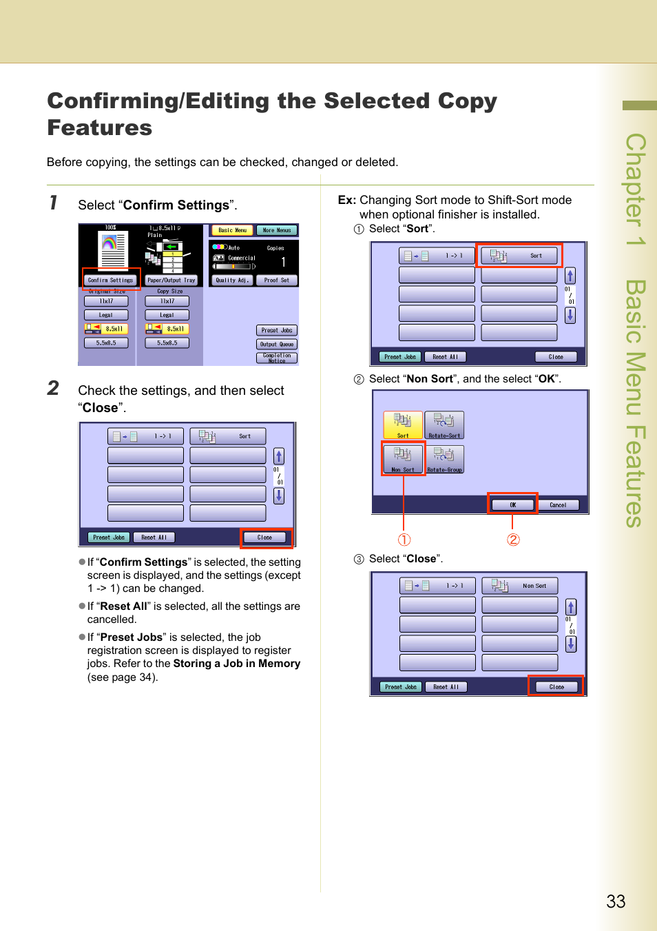 Confirming/editing the selected copy features, Chapter 1 basic menu features | Panasonic DP-C263  EN User Manual | Page 33 / 98