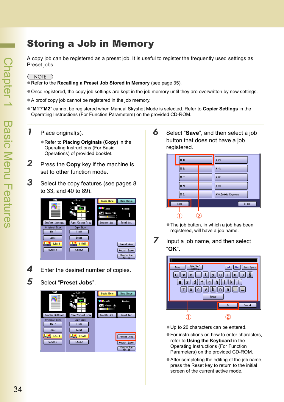 Storing a job in memory, Chapter 1 basic menu features | Panasonic DP-C263  EN User Manual | Page 34 / 98