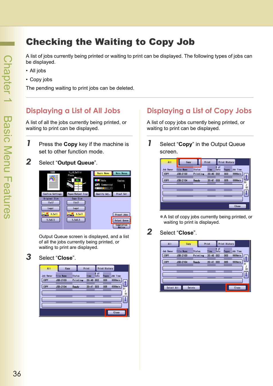 Checking the waiting to copy job, Displaying a list of all jobs, Displaying a list of copy jobs | Chapter 1 basic menu features | Panasonic DP-C263  EN User Manual | Page 36 / 98