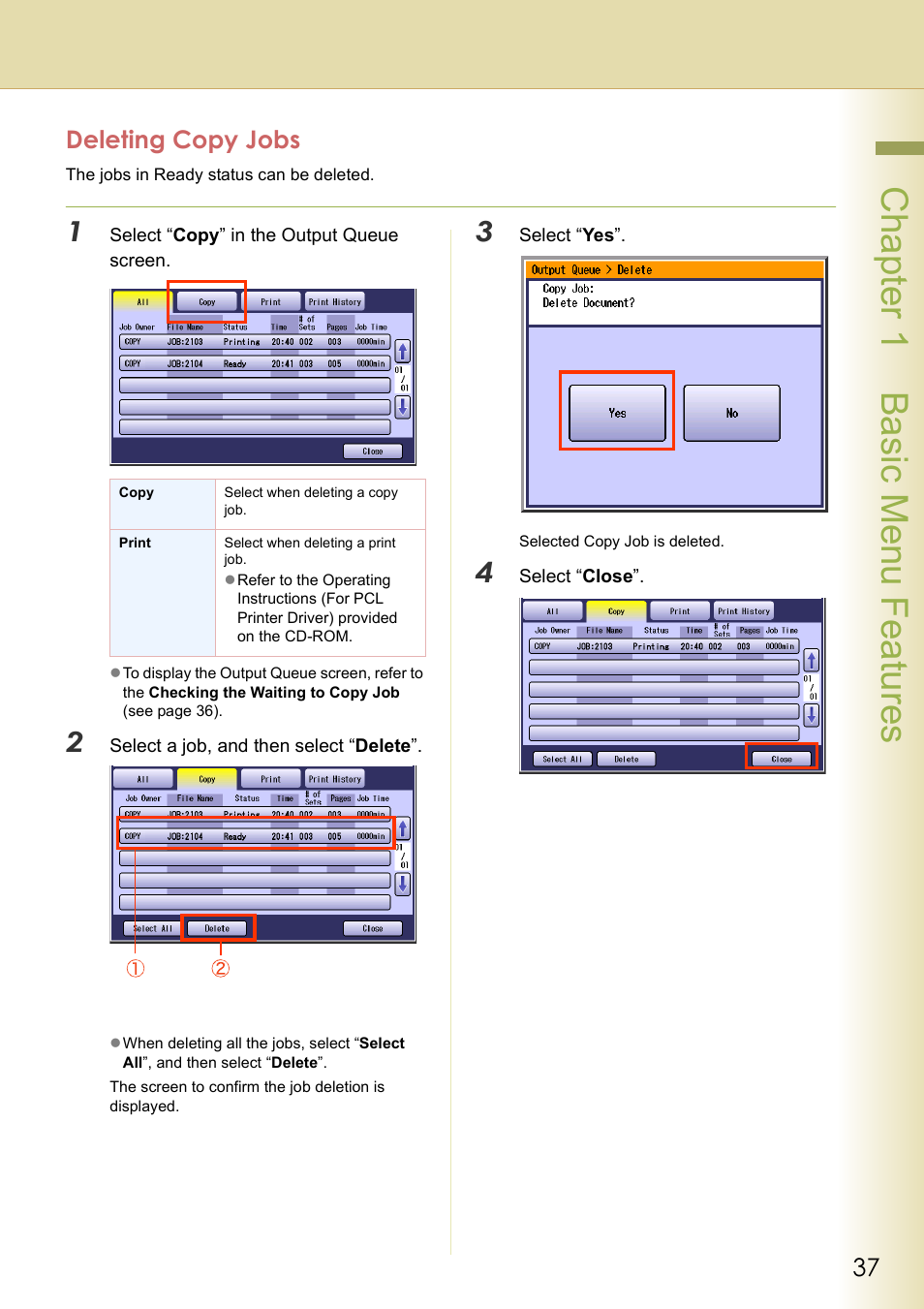 Deleting copy jobs, Chapter 1 basic menu features | Panasonic DP-C263  EN User Manual | Page 37 / 98