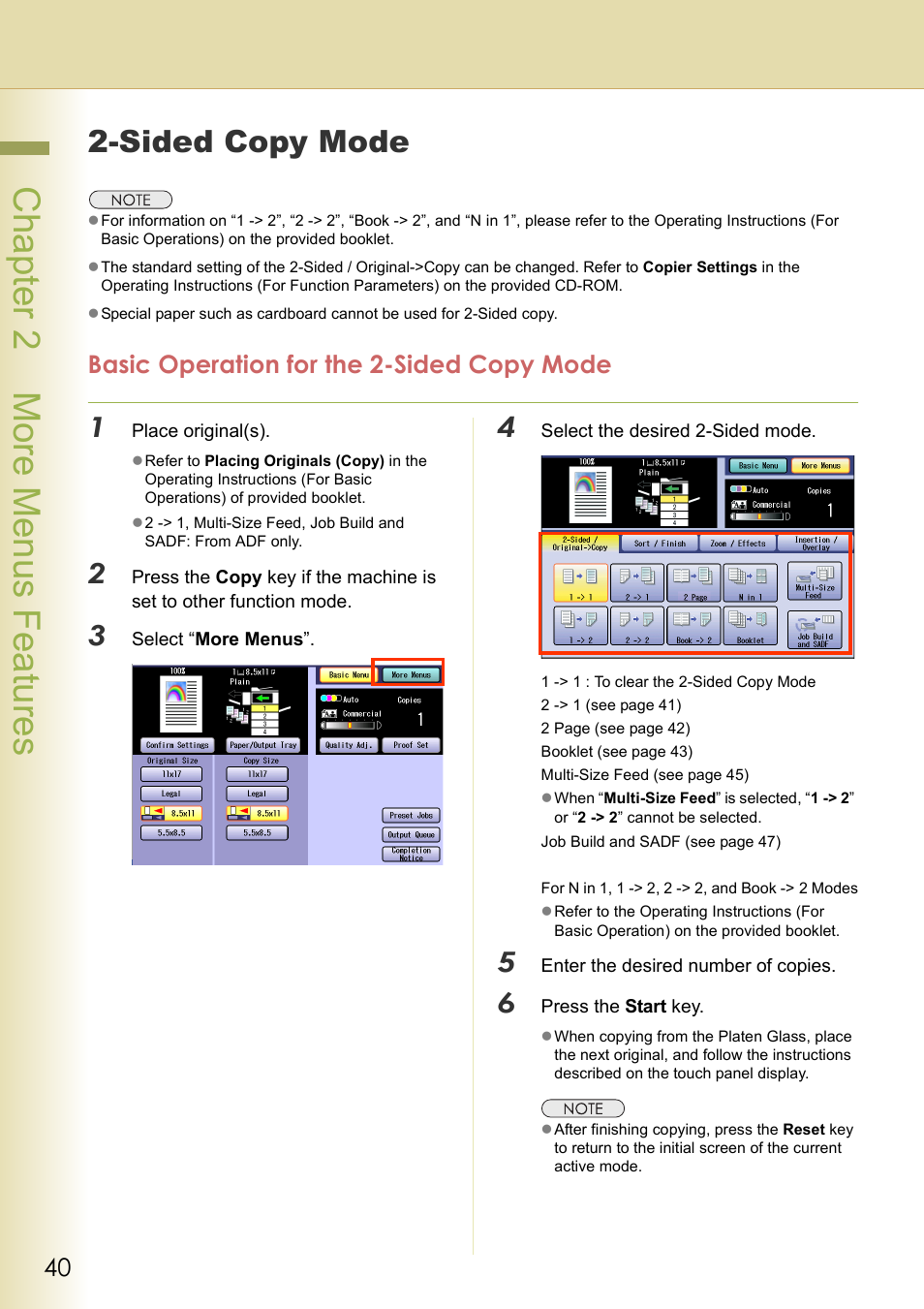 More menus features, Sided copy mode, Basic operation for the 2-sided copy mode | Chapter 2 more menus features, Ge 40, D 40, Chapter 2 more menus f eatures | Panasonic DP-C263  EN User Manual | Page 40 / 98