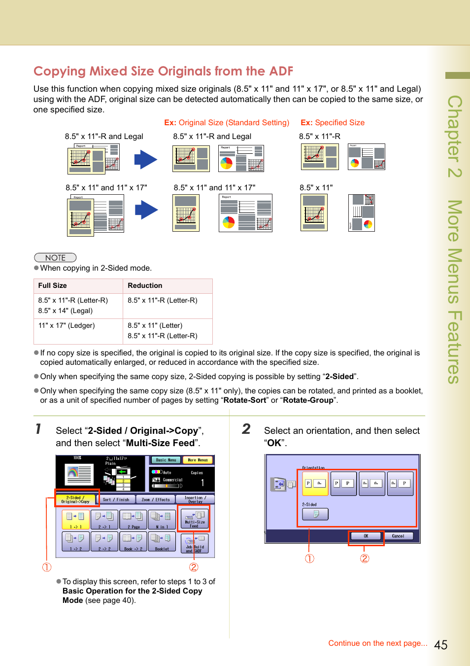 Copying mixed size originals from the adf, Chapter 2 more menus f eatures | Panasonic DP-C263  EN User Manual | Page 45 / 98